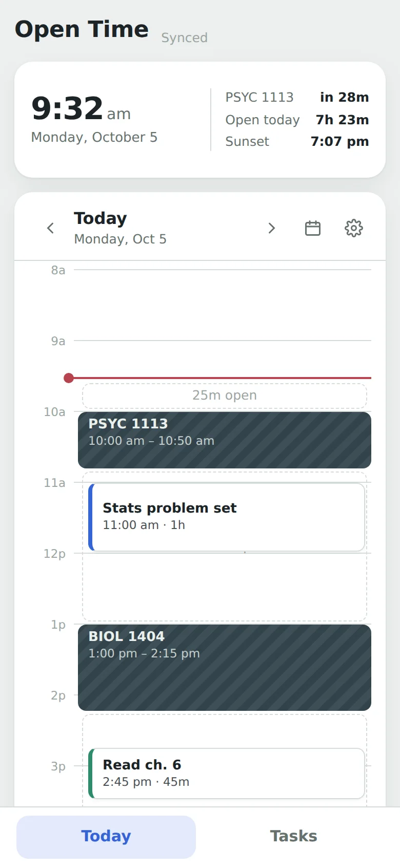 Open Time on a phone, showing the clock, the next class in 28 minutes, and today's timeline.